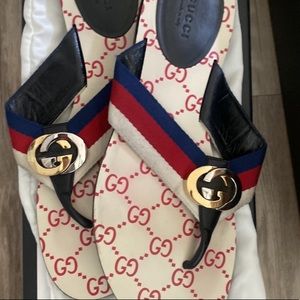 Red, white and blue Gucci slides